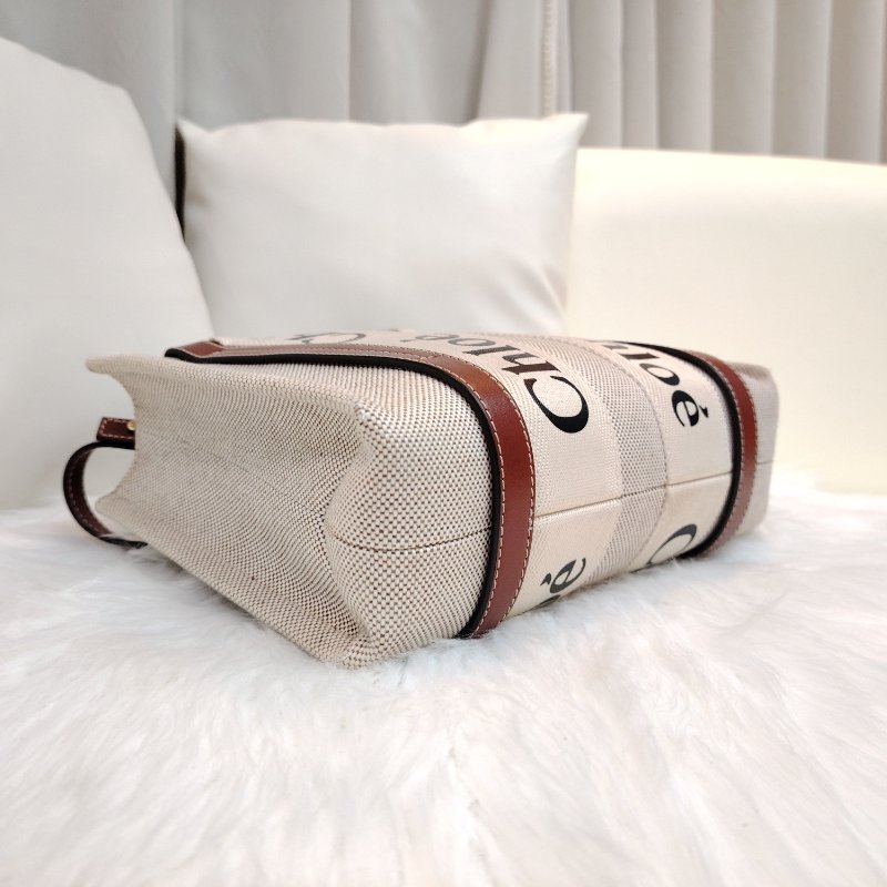 Chloe 蔻依 Woody 米色拼棕色 LOGO印花 帆布拼牛皮 小號 托特包-2