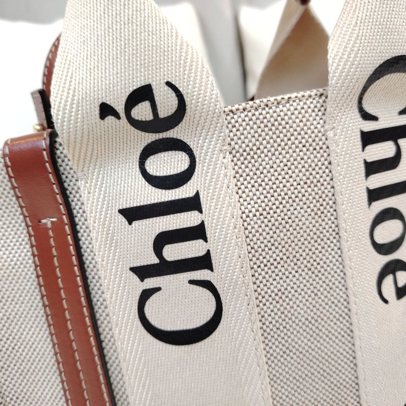 Chloe 蔻依 Woody 米色拼棕色 LOGO印花 帆布拼牛皮 小號 托特包-4