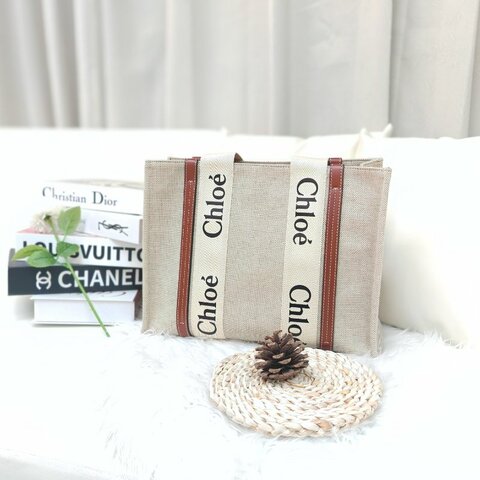 CHLOE 蔻依 Woody 米色拼棕色 中號 托特包