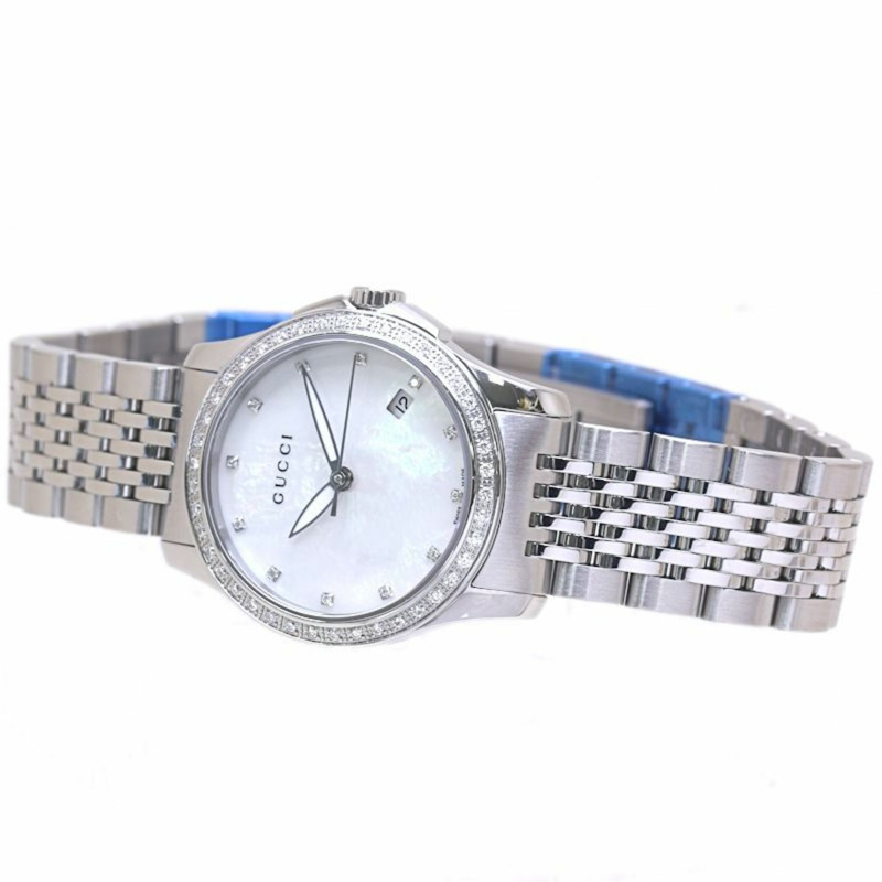 GUCCI G Timeless 鑽石錶圈腕錶，鑲嵌12顆鑽石，型號YA126508，錶徑126.5毫米，女士腕錶，不鏽鋼材質，40218-1