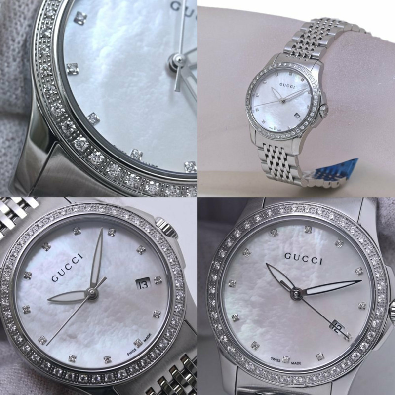 GUCCI G Timeless 鑽石錶圈腕錶，鑲嵌12顆鑽石，型號YA126508，錶徑126.5毫米，女士腕錶，不鏽鋼材質，40218-5