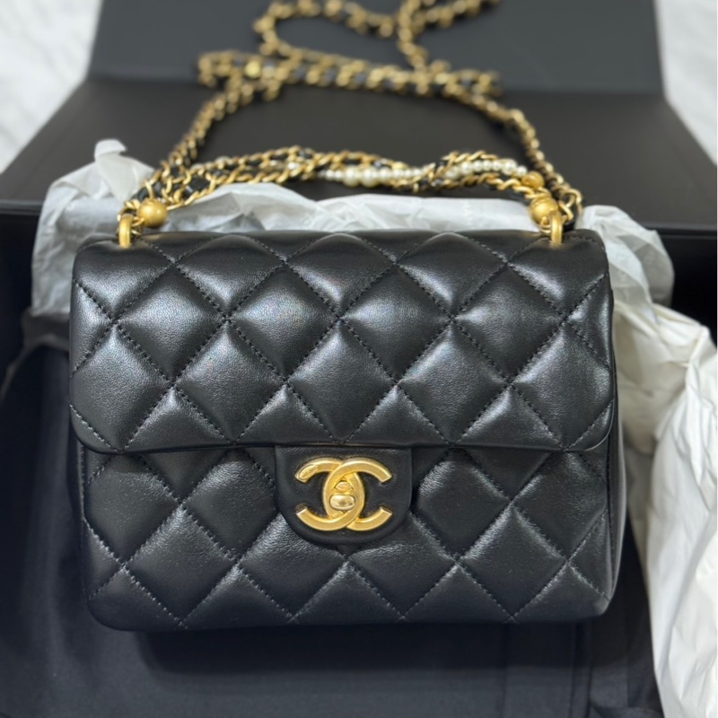 香奈兒24P珍珠鏈條黑色方胖 19公分-1