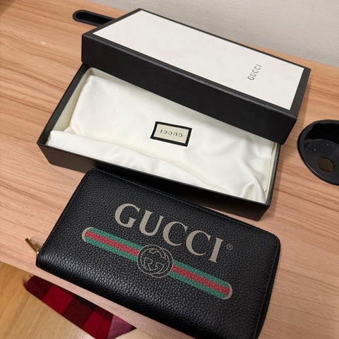 Gucci 綠紅綠織帶標誌拉鍊長夾-黑