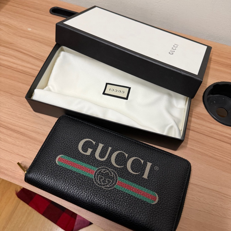Gucci 綠紅綠織帶標誌拉鍊長夾-黑-0