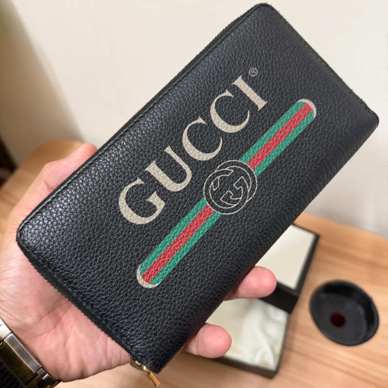 Gucci 綠紅綠織帶標誌拉鍊長夾-黑-1