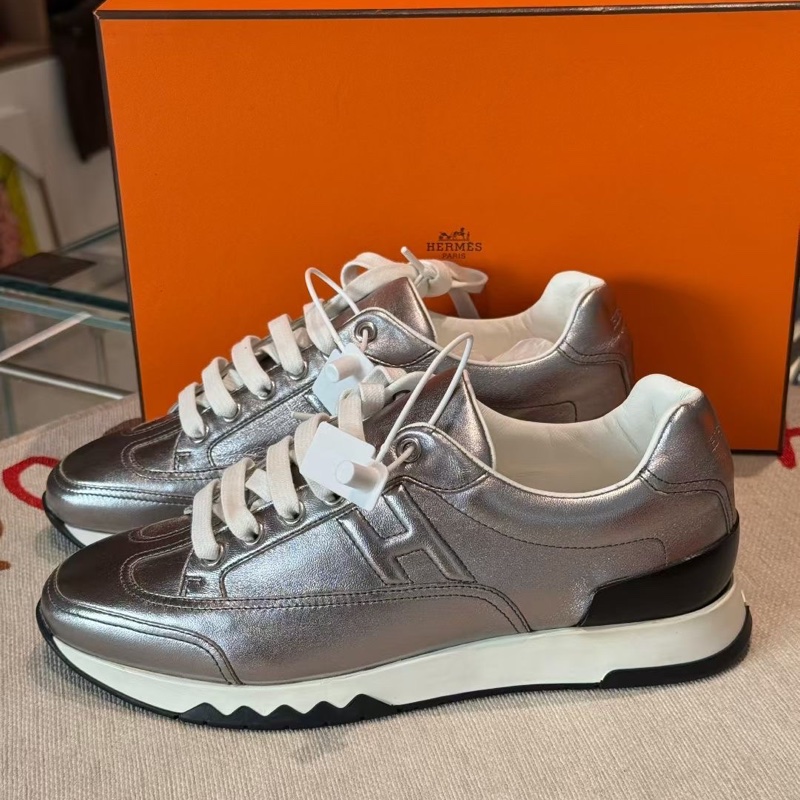 愛馬仕Hermes  銀色全皮款運動休閒鞋 37碼鞋子  全新擱置品 未使用-1