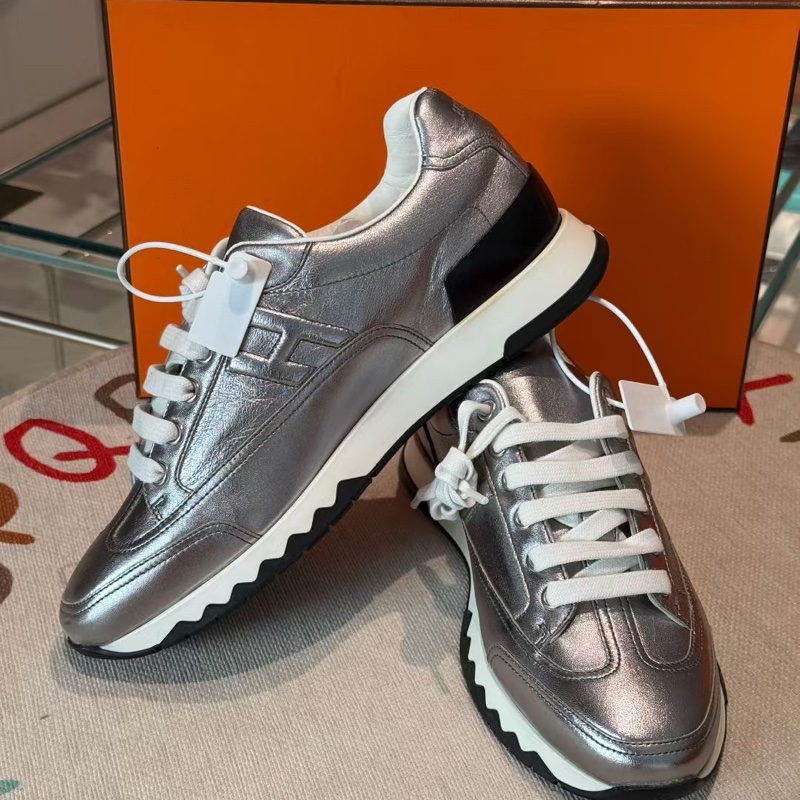 愛馬仕Hermes  銀色全皮款運動休閒鞋 37碼鞋子  全新擱置品 未使用-3