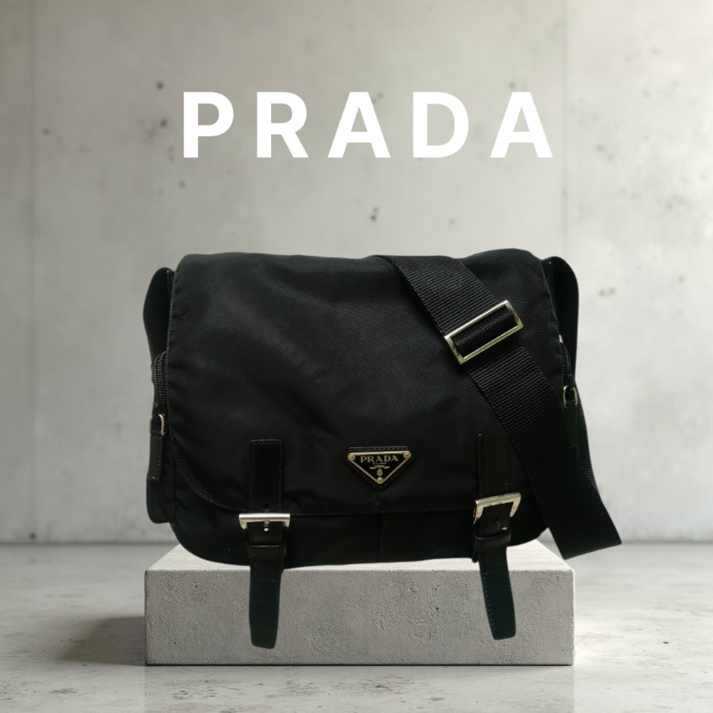 🔥年終狂降🔥【限時降價只到12/31（原22,800）】【8成新】㊣✨PRADA✨普拉達 黑色 帆布 皮革 掀蓋式 側口袋 郵差包 肩背包 斜背包 /二手包/二手精品🌳二手樹屋🌳-0