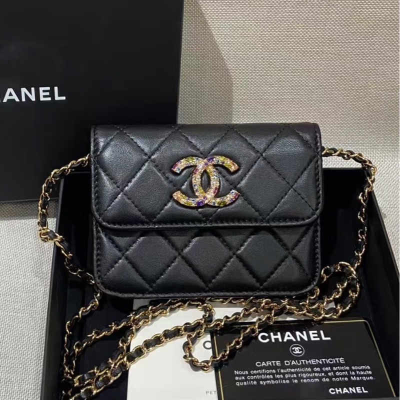 ✨全網最平 CHANEL woc mini 21C黑金羊皮 彩鑽雙C扣 鏈條包 30開 97新有卡-1