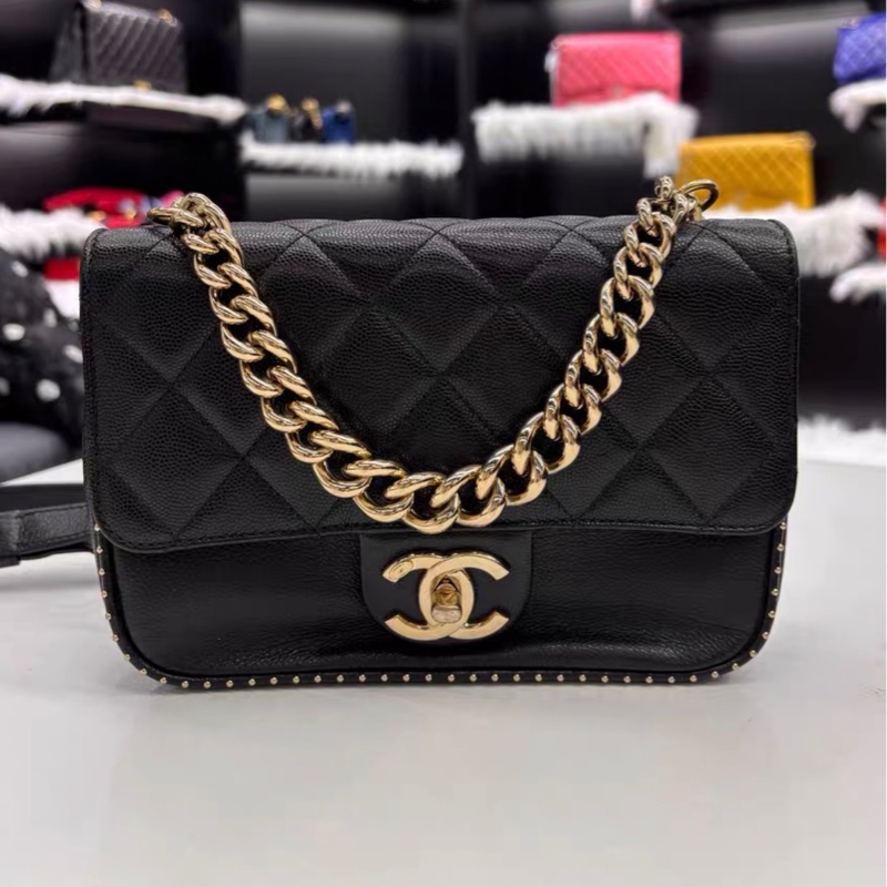 ✨全網最平 Chanel CF黑金鉚釘邊 荔枝牛皮 24開 92新-0