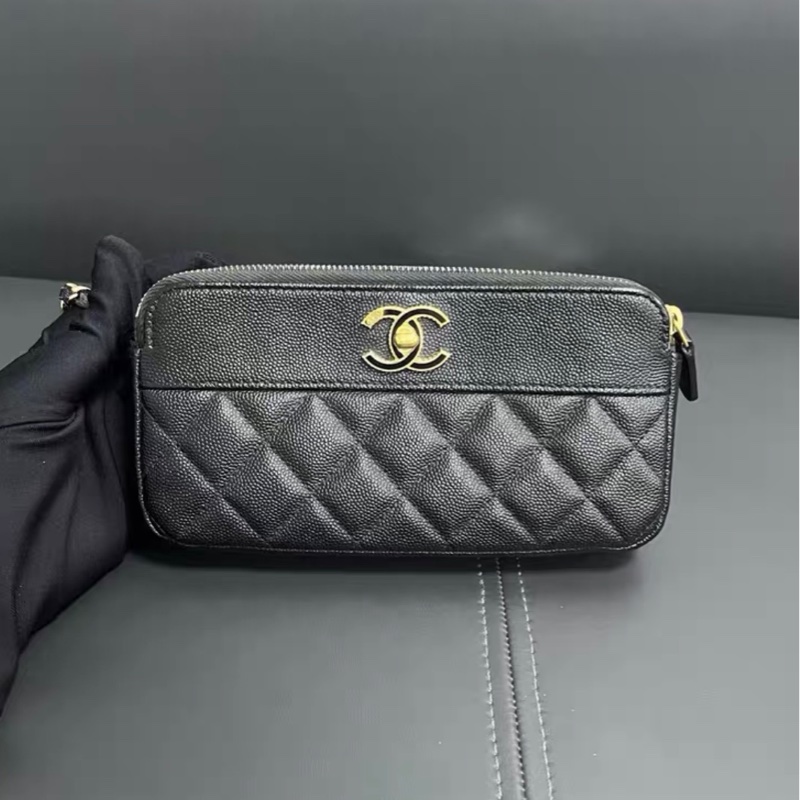 ✨全網最平 Chanel 黑金 琺瑯扣 魚子醬皮 雙層woc 99新 28開-0