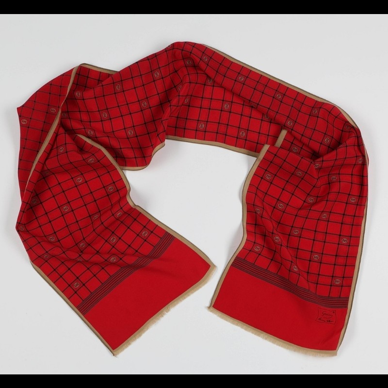 Gucci 穗編奶茶邊紅底格子logo圍巾-5
