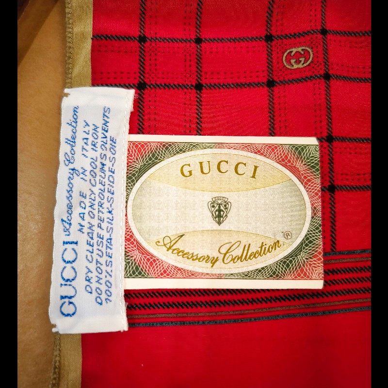 Gucci 穗編奶茶邊紅底格子logo圍巾-7