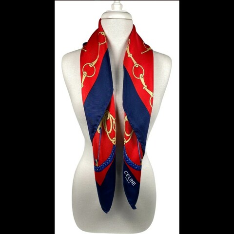 Celine 深藍邊紅底馬蹄鎖絲巾