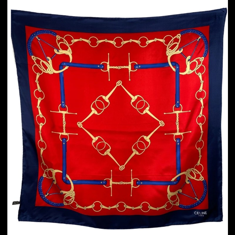 Celine 深藍邊紅底馬蹄鎖絲巾-2