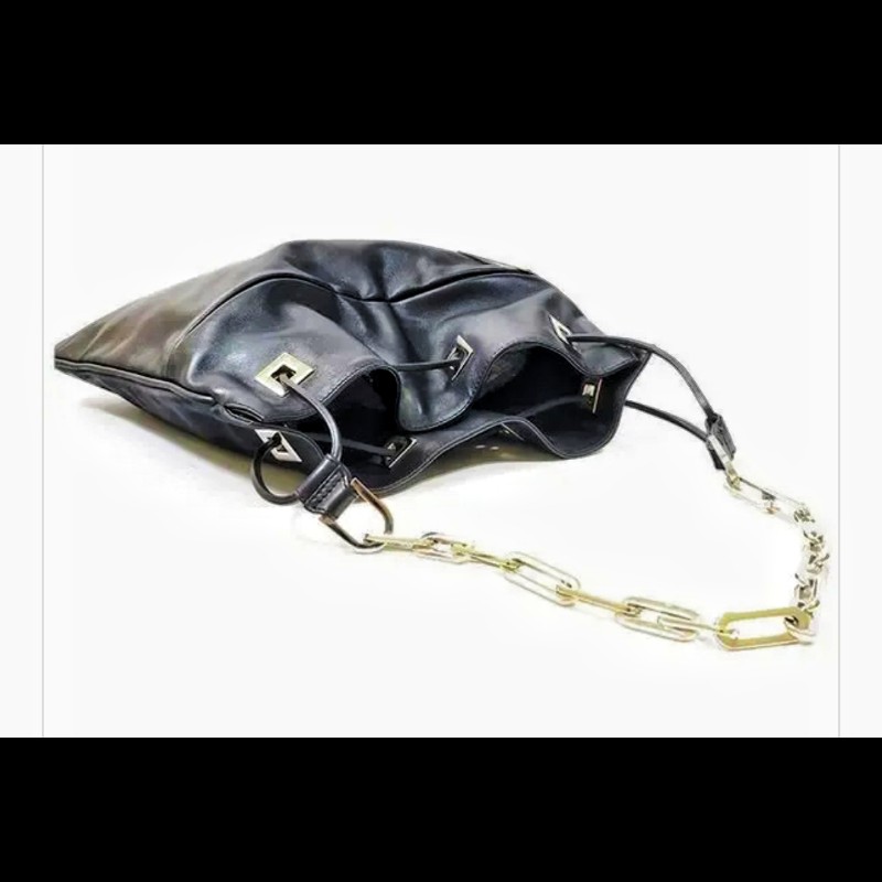 Gucci 限量版 黑色皮革抽繩鏈條水桶包-17