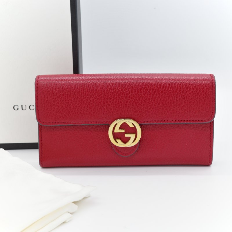 Gucci 古馳 金屬雙G LOGO 荔枝紋 牛皮 扣式長夾-0