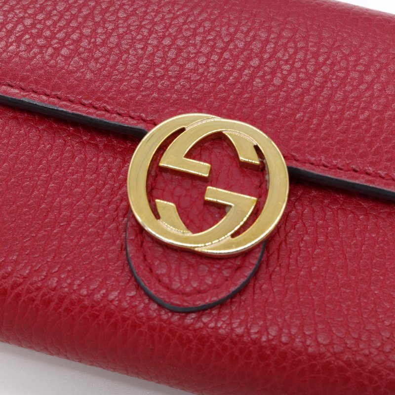 Gucci 古馳 金屬雙G LOGO 荔枝紋 牛皮 扣式長夾-5