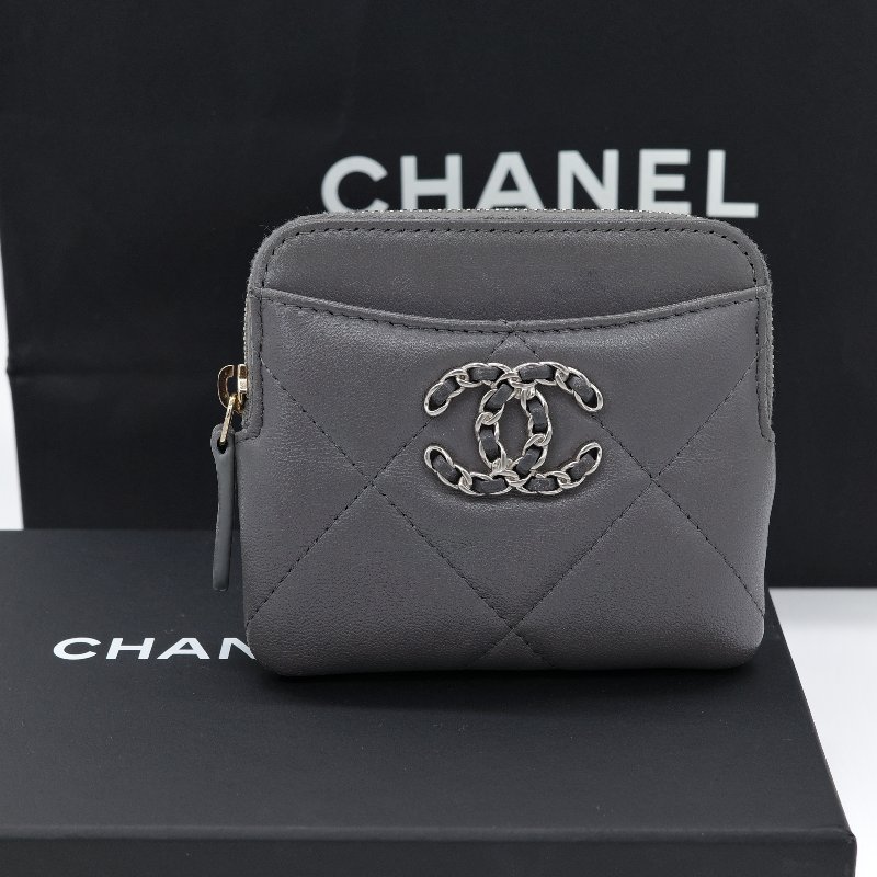 Chanel 香奈兒 19 灰色 小羊皮 拉鍊零錢包 短夾-0