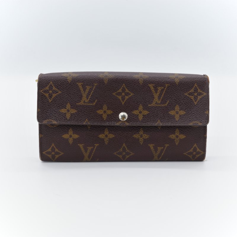 Louis Vuitton 路易威登 Sarah 經典老花 棕色 帆布 扣式長夾-1