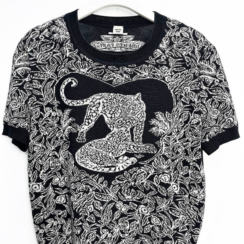 HERMES 叢林之愛系列黑白豹羊絨針織短袖 38號衣長54cm，胸圍96cm 98新-0
