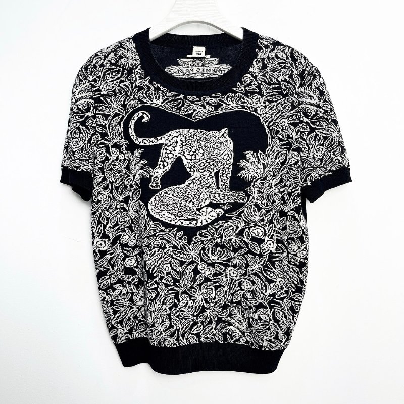 HERMES 叢林之愛系列黑白豹羊絨針織短袖 38號衣長54cm，胸圍96cm 98新-1