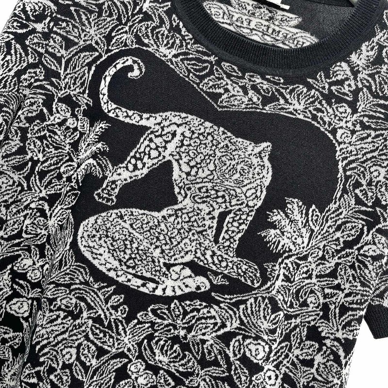 HERMES 叢林之愛系列黑白豹羊絨針織短袖 38號衣長54cm，胸圍96cm 98新-6
