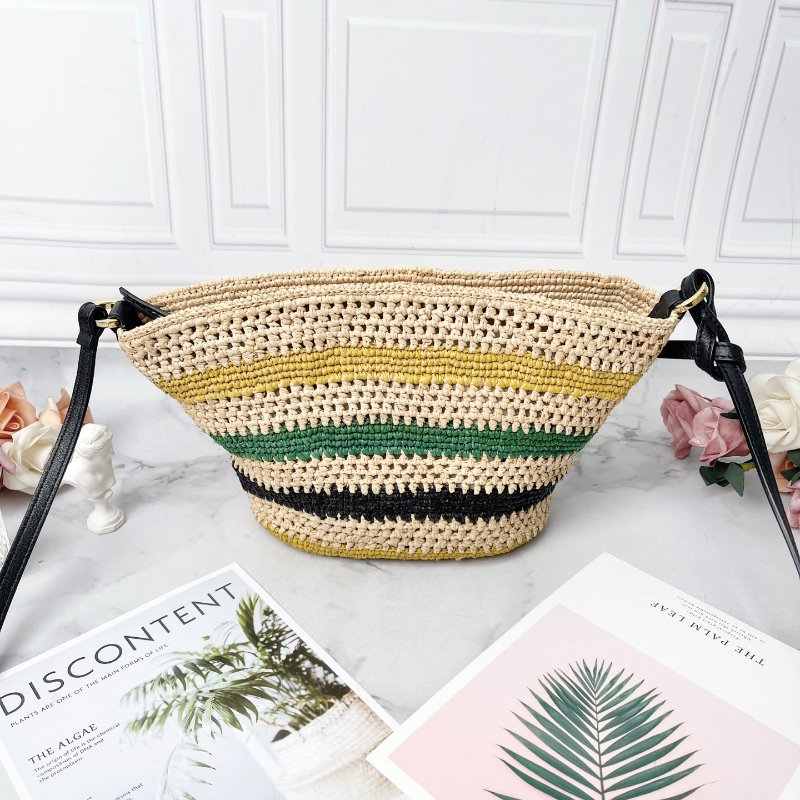 LOEWE Basket Pochette編織彩色條紋酒椰纖維拼牛皮革肩背斜背包18x17x10cm 98新配件塵袋-5