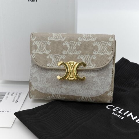 Celine 思琳 Triomphe Small Flap 凱旋門 棕色 米色 帆布 金釦 錢包 短夾
