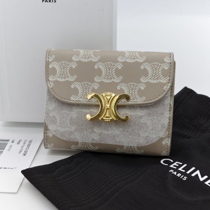 Celine 思琳 Triomphe Small Flap 凱旋門 棕色 米色 帆布 金釦 錢包 短夾-0