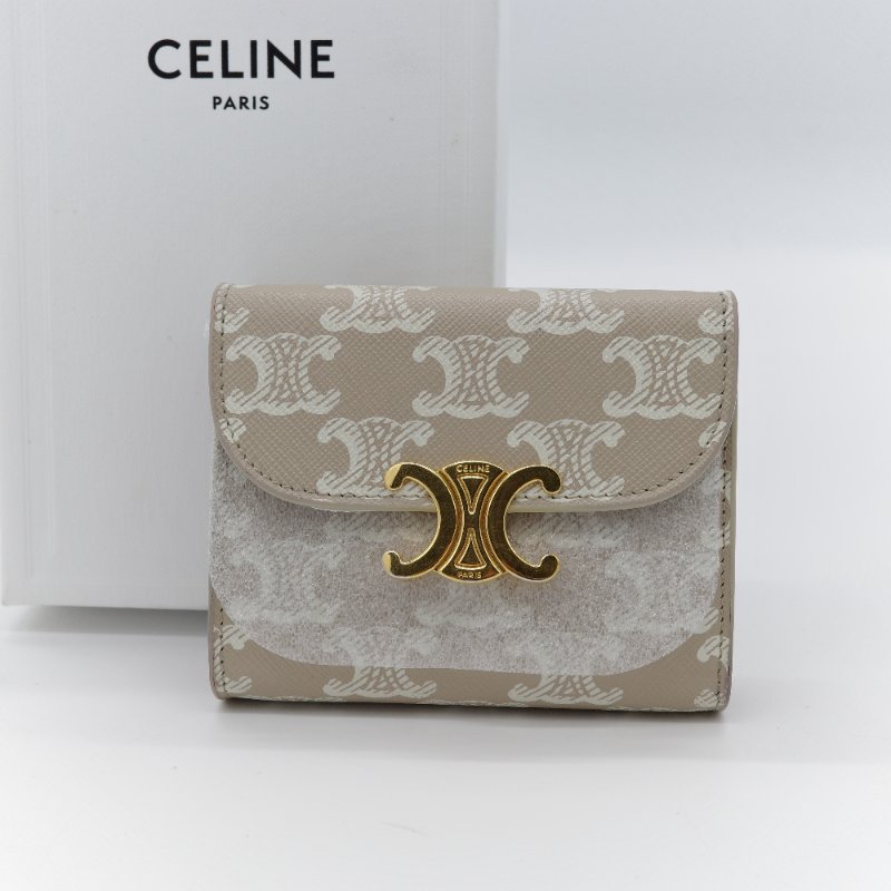Celine 思琳 Triomphe Small Flap 凱旋門 棕色 米色 帆布 金釦 錢包 短夾-1