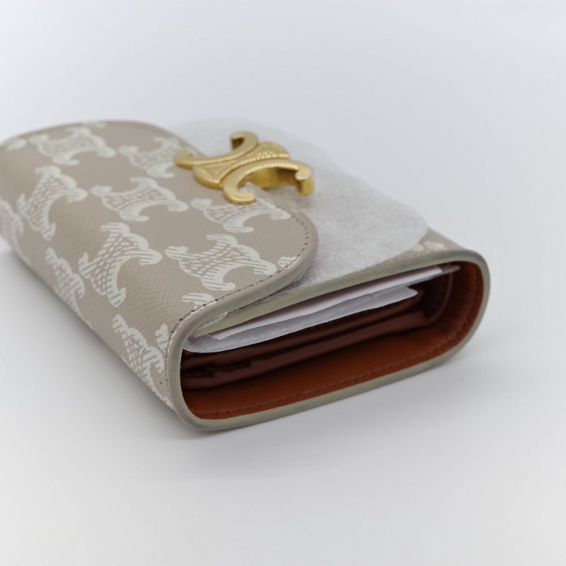 Celine 思琳 Triomphe Small Flap 凱旋門 棕色 米色 帆布 金釦 錢包 短夾-4