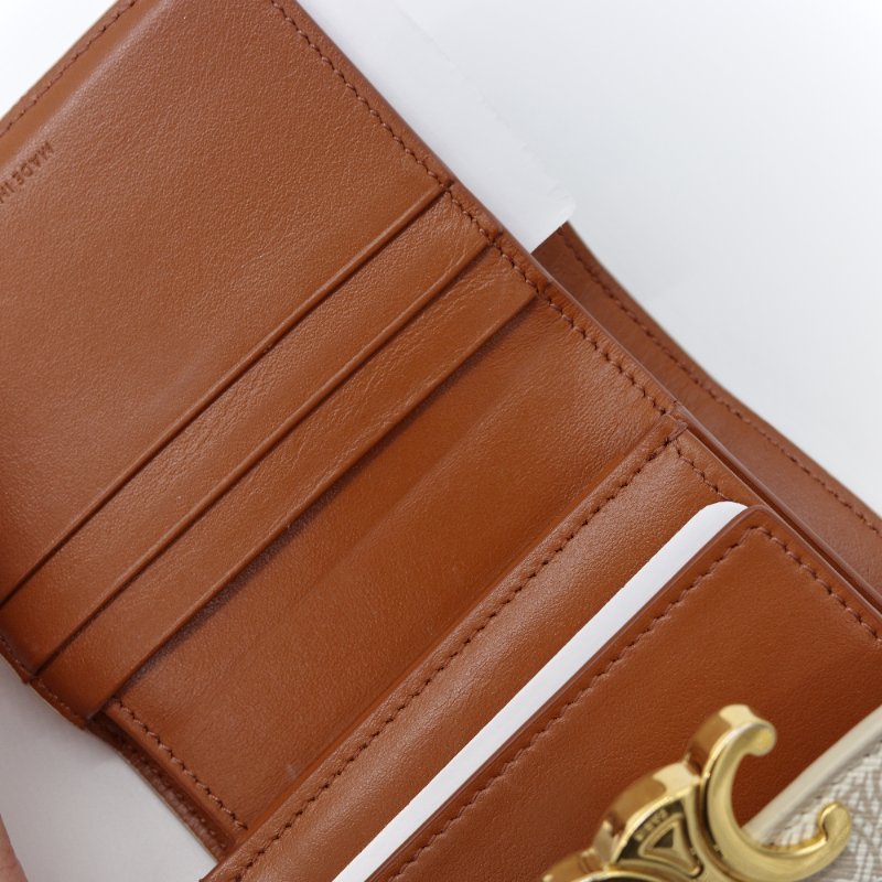Celine 思琳 Triomphe Small Flap 凱旋門 棕色 米色 帆布 金釦 錢包 短夾-5