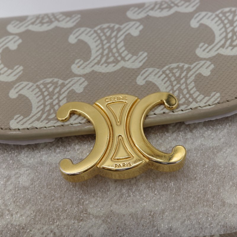 Celine 思琳 Triomphe Small Flap 凱旋門 棕色 米色 帆布 金釦 錢包 短夾-6