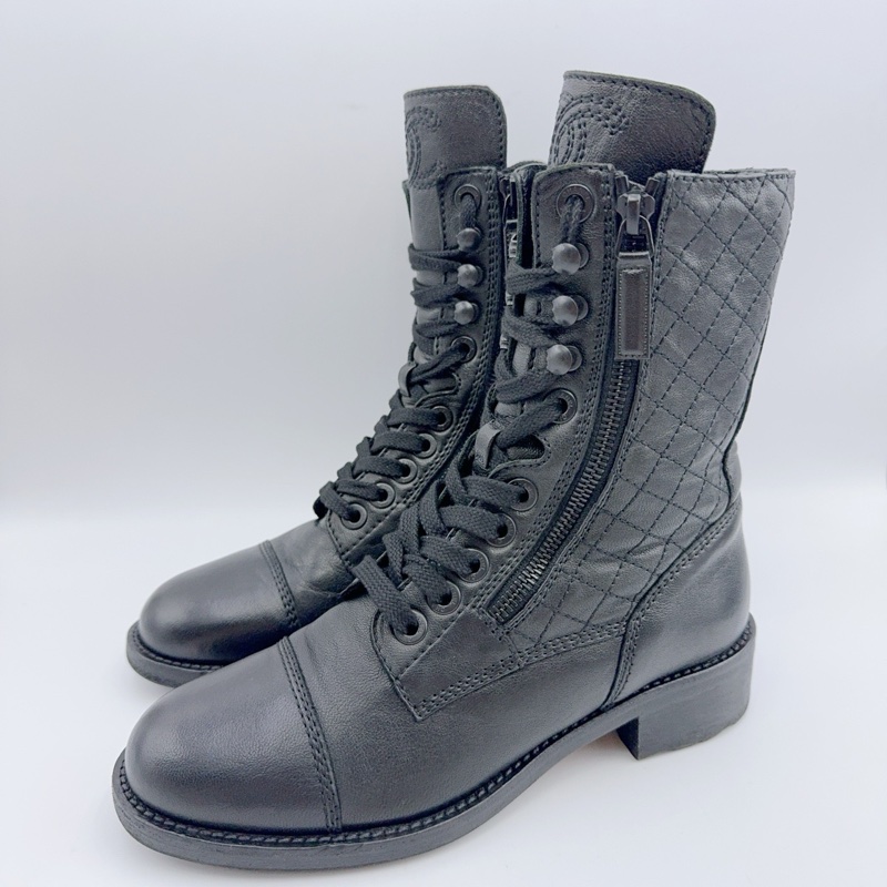 99新/香奈兒/37碼/黑色雙C菱格紋馬丁靴/02036-1