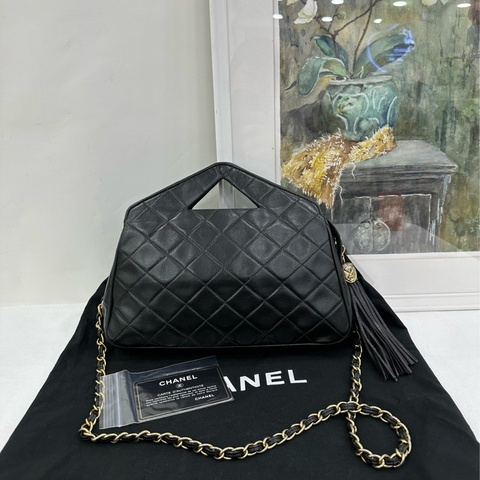 CHANEL 香奈兒 超級vintage 中古 流蘇包 手提包 斜背包 黑色羊皮 1開 有卡