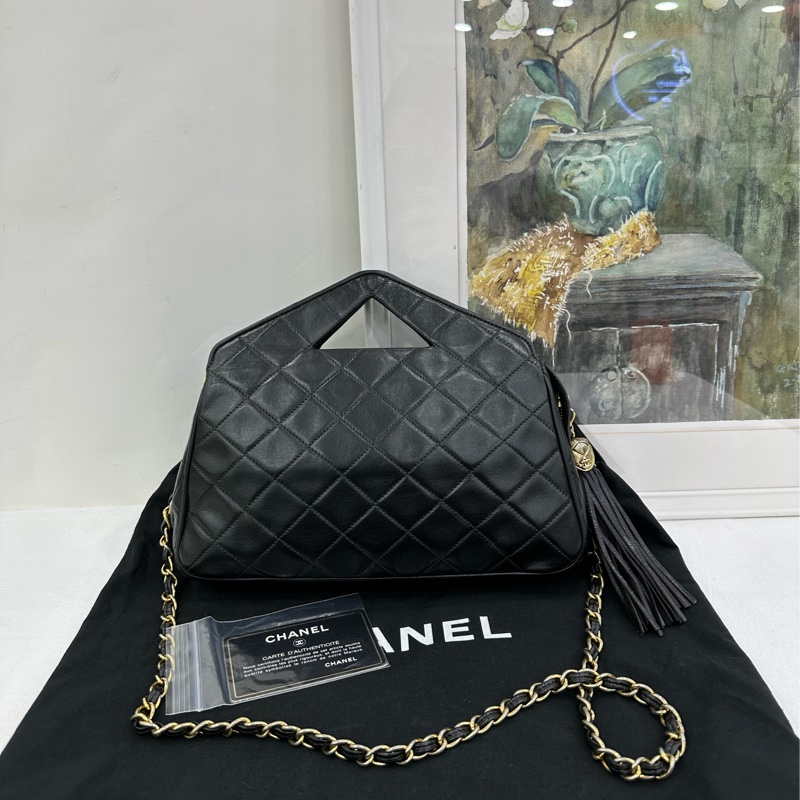 CHANEL 香奈兒 超級vintage 中古 流蘇包 手提包 斜背包 黑色羊皮 1開 有卡-0