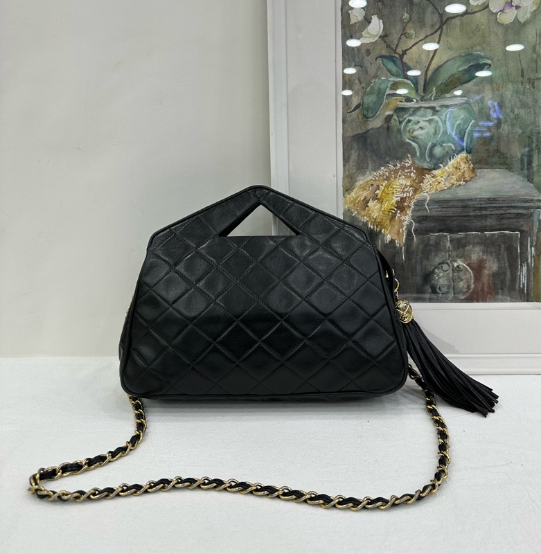 CHANEL 香奈兒 超級vintage 中古 流蘇包 手提包 斜背包 黑色羊皮 1開 有卡-1