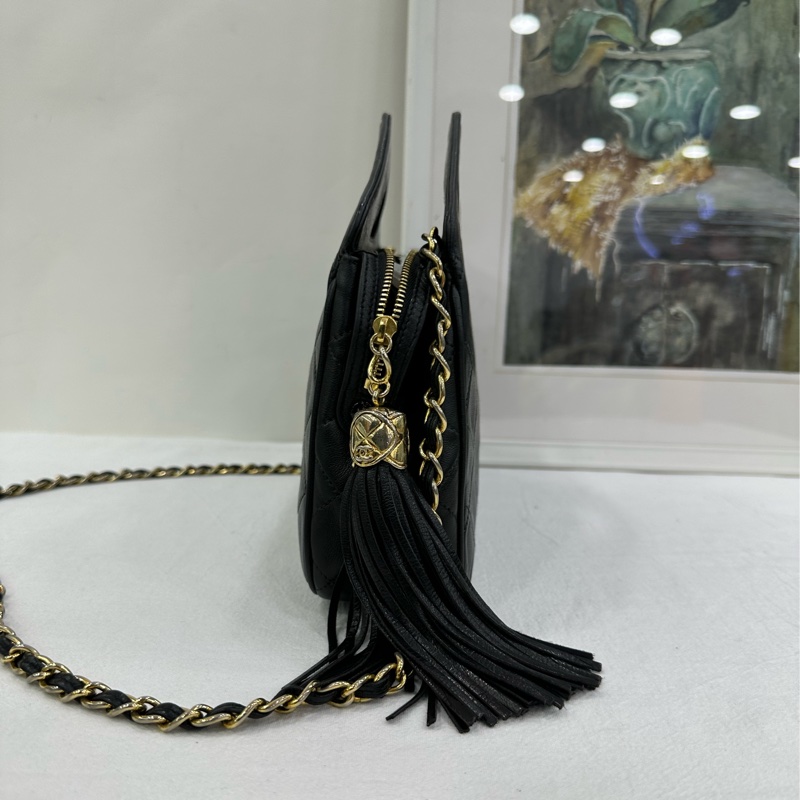 CHANEL 香奈兒 超級vintage 中古 流蘇包 手提包 斜背包 黑色羊皮 1開 有卡-2