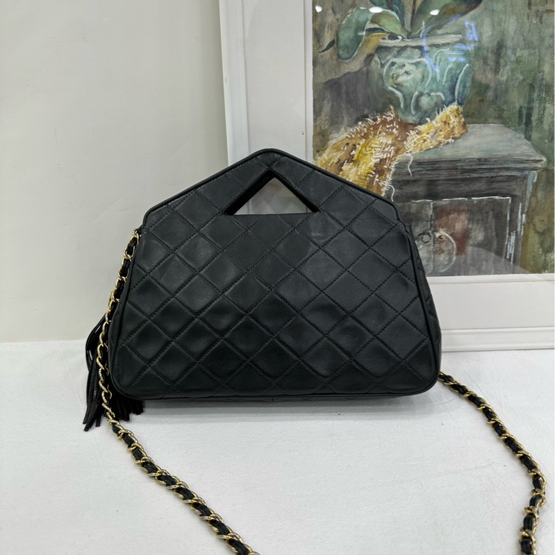 CHANEL 香奈兒 超級vintage 中古 流蘇包 手提包 斜背包 黑色羊皮 1開 有卡-3