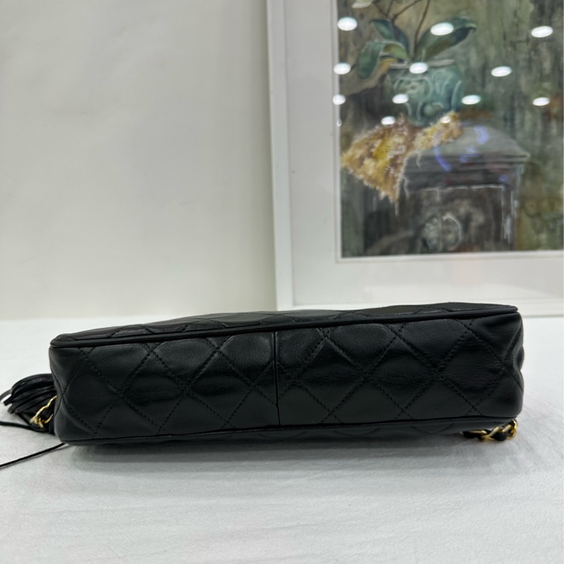 CHANEL 香奈兒 超級vintage 中古 流蘇包 手提包 斜背包 黑色羊皮 1開 有卡-5