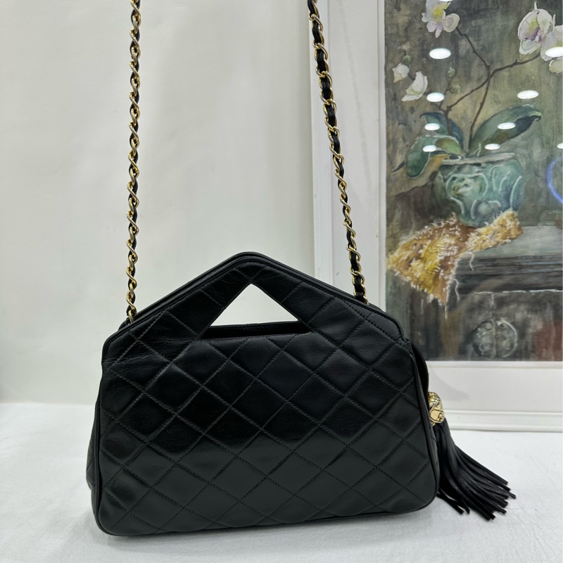 CHANEL 香奈兒 超級vintage 中古 流蘇包 手提包 斜背包 黑色羊皮 1開 有卡-6
