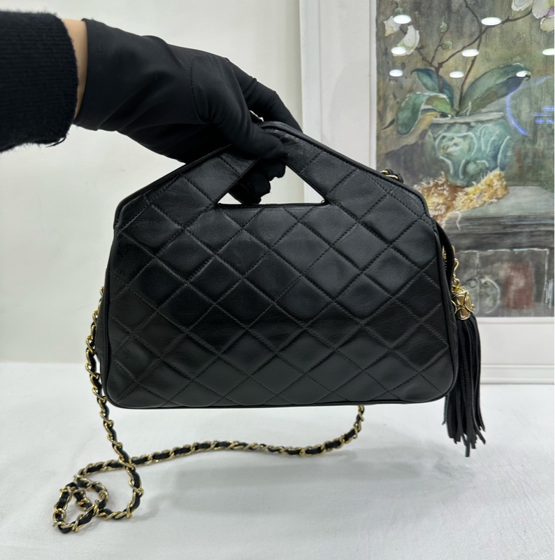 CHANEL 香奈兒 超級vintage 中古 流蘇包 手提包 斜背包 黑色羊皮 1開 有卡-7