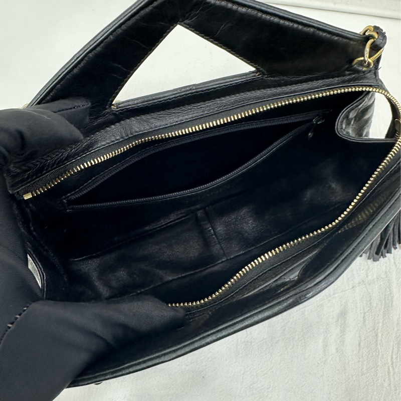 CHANEL 香奈兒 超級vintage 中古 流蘇包 手提包 斜背包 黑色羊皮 1開 有卡-8