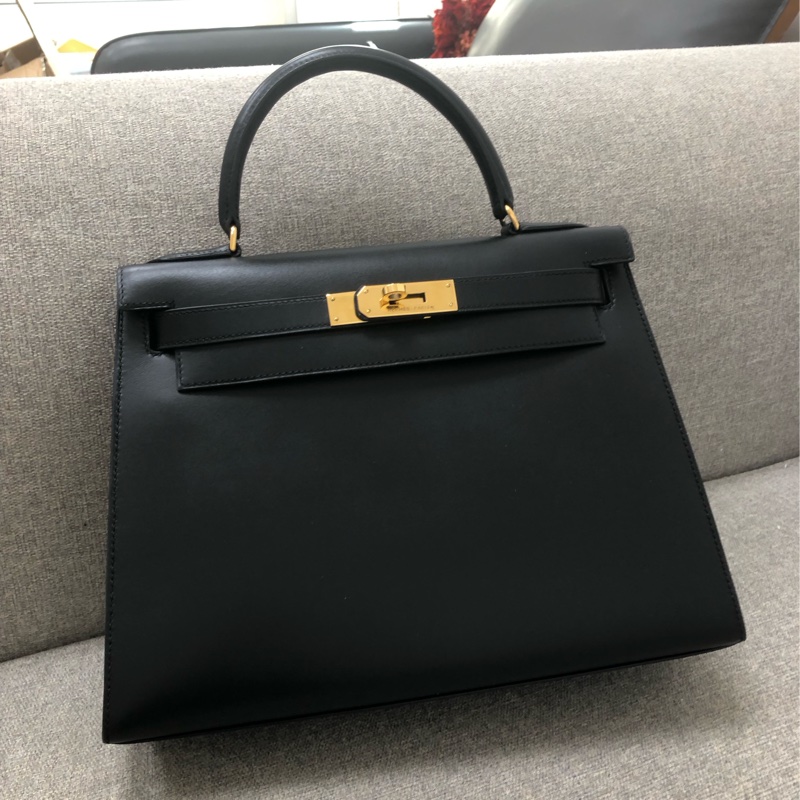 二手Hermes愛馬仕Kelly28黑金box皮，圓圈U刻，很難遇到這麼好品相，沒有開裂皺摺-0