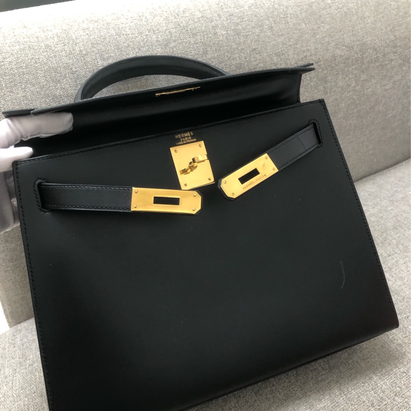 二手Hermes愛馬仕Kelly28黑金box皮，圓圈U刻，很難遇到這麼好品相，沒有開裂皺摺-4