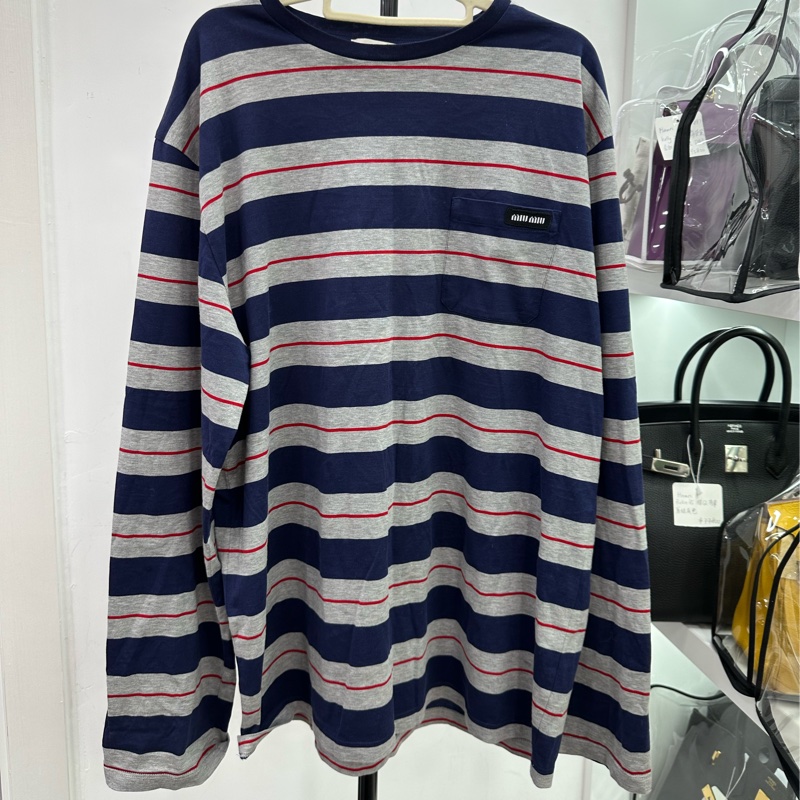 miumiu/繆繆灰色拼深藍紅條紋長袖T卹 XS碼-0