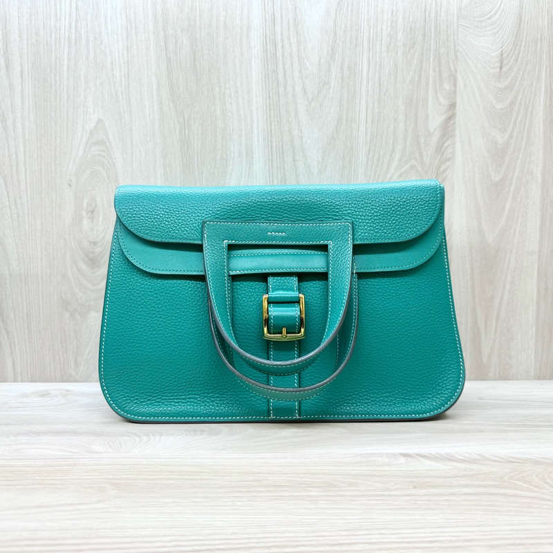 Hermers U4絲絨綠T/C皮金釦halzan31五用包-0