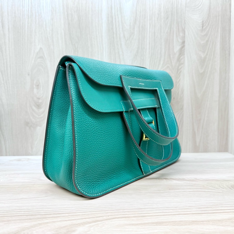 Hermers U4絲絨綠T/C皮金釦halzan31五用包-3