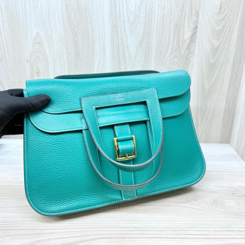 Hermers U4絲絨綠T/C皮金釦halzan31五用包-4